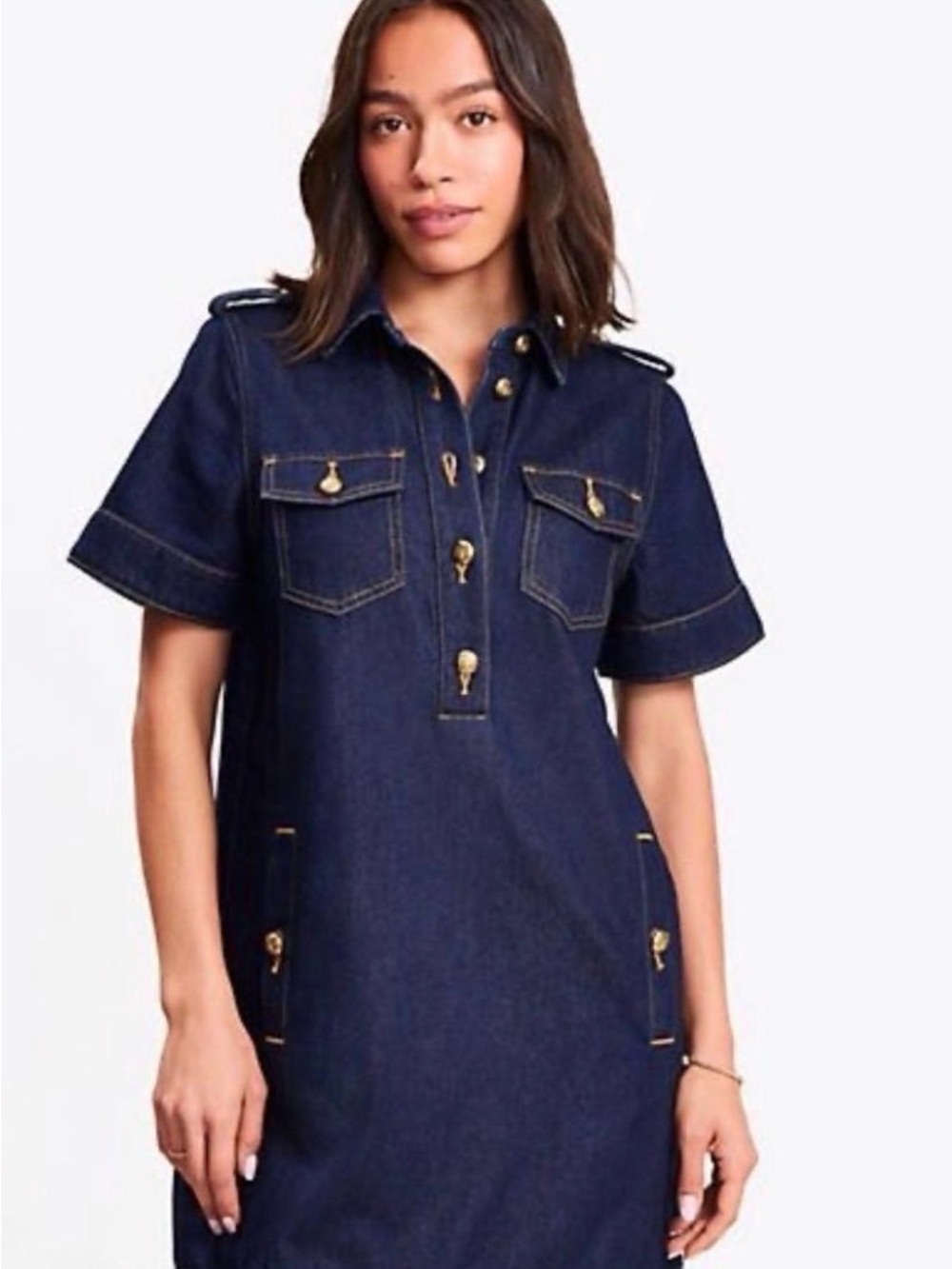 LOFT Dark Indigo Denim Shirt Dress with Gold Hardware